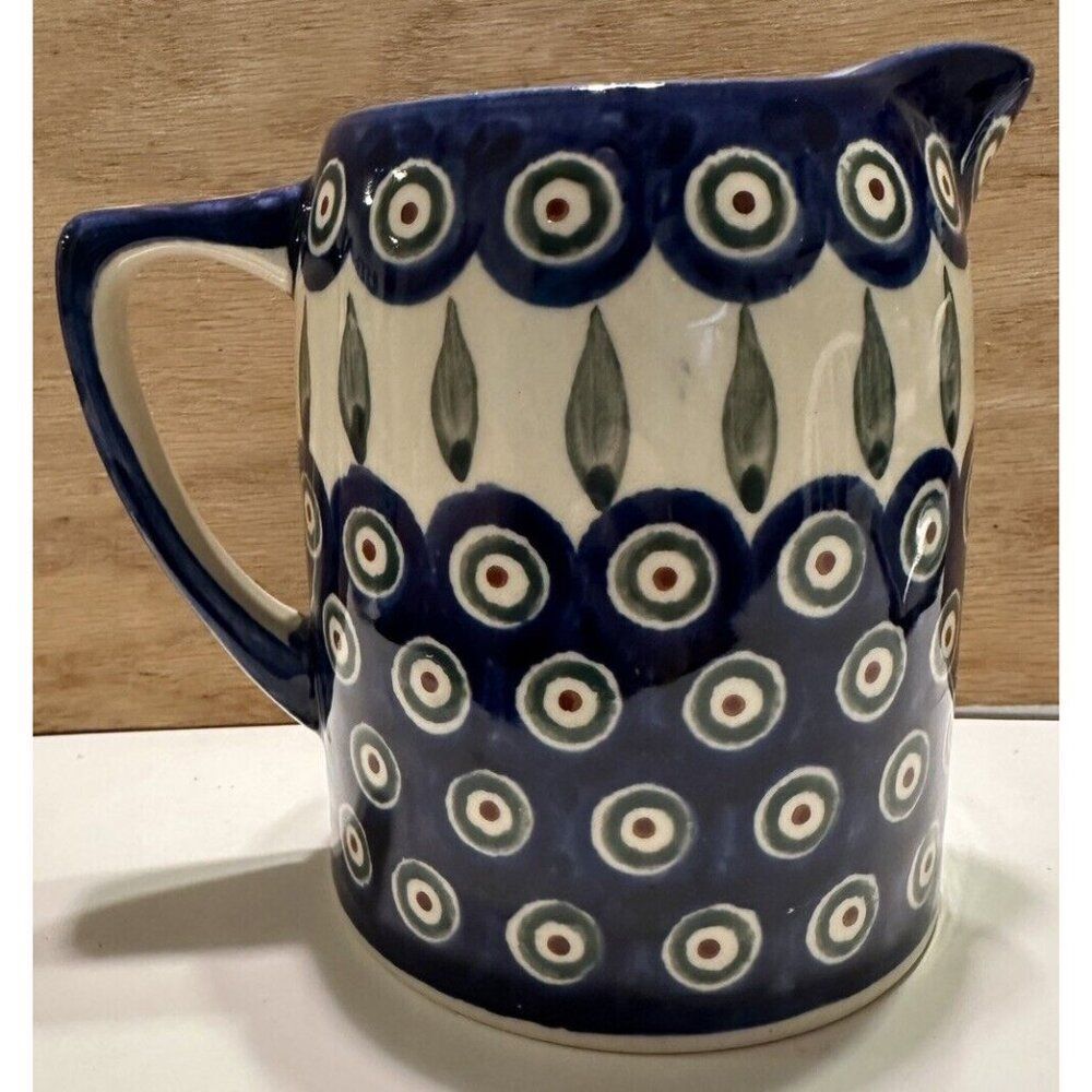 Boleslawiec Polish Art Pottery Blue Peacock Dots Creamer Small Pitcher Syrup